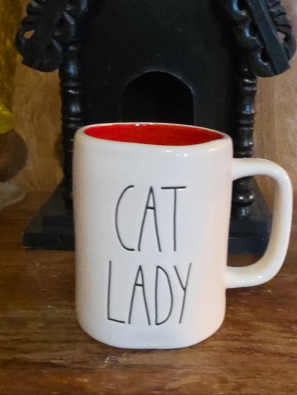 Rae Dunn Cat Lady Mug - White Exterior with Red Interior